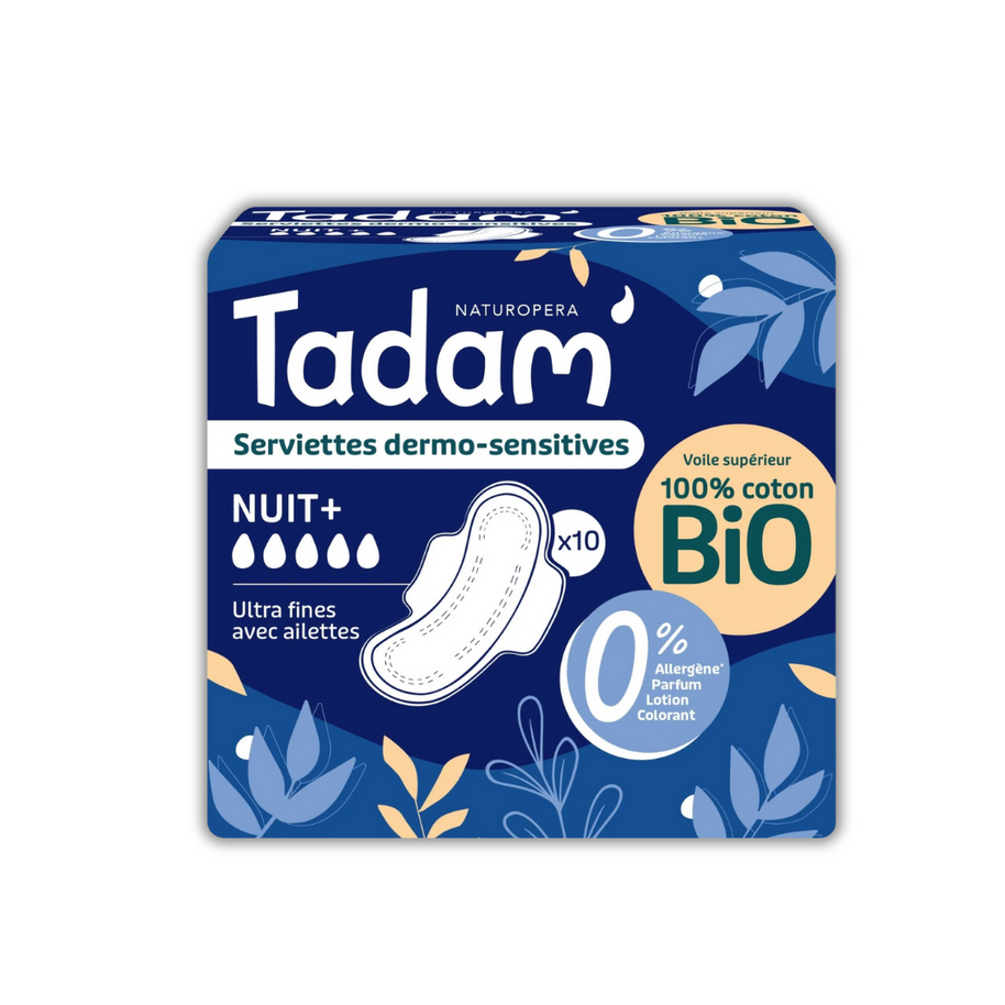 Tadam' Serviettes Dermo-sensitives Ultra avec Ailettes - Nuit+ 10 unités