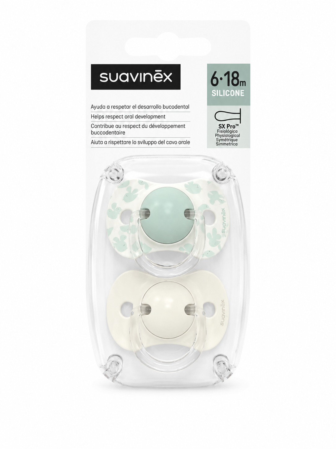 Lot de 2 Sucettes Suavinex Symétriques Silicone SX PRO™ Bleu- 6-18M