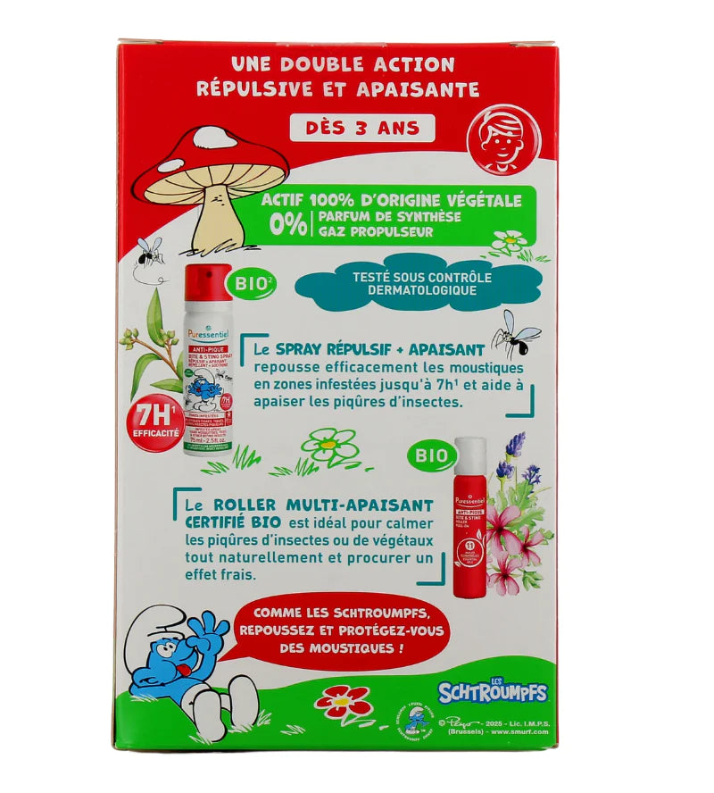 Anti-pique schtroumpfs  Puressentiel - coffret répulsif + apaisant + un frisbee offert