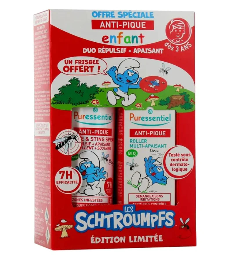 Anti-pique schtroumpfs  Puressentiel - coffret répulsif + apaisant + un frisbee offert