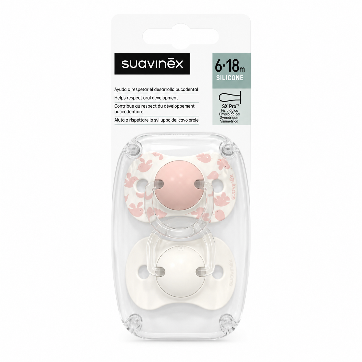 Lot de 2 Sucettes Suavinex Symétriques Silicone SX PRO™ Rose - 6-18M