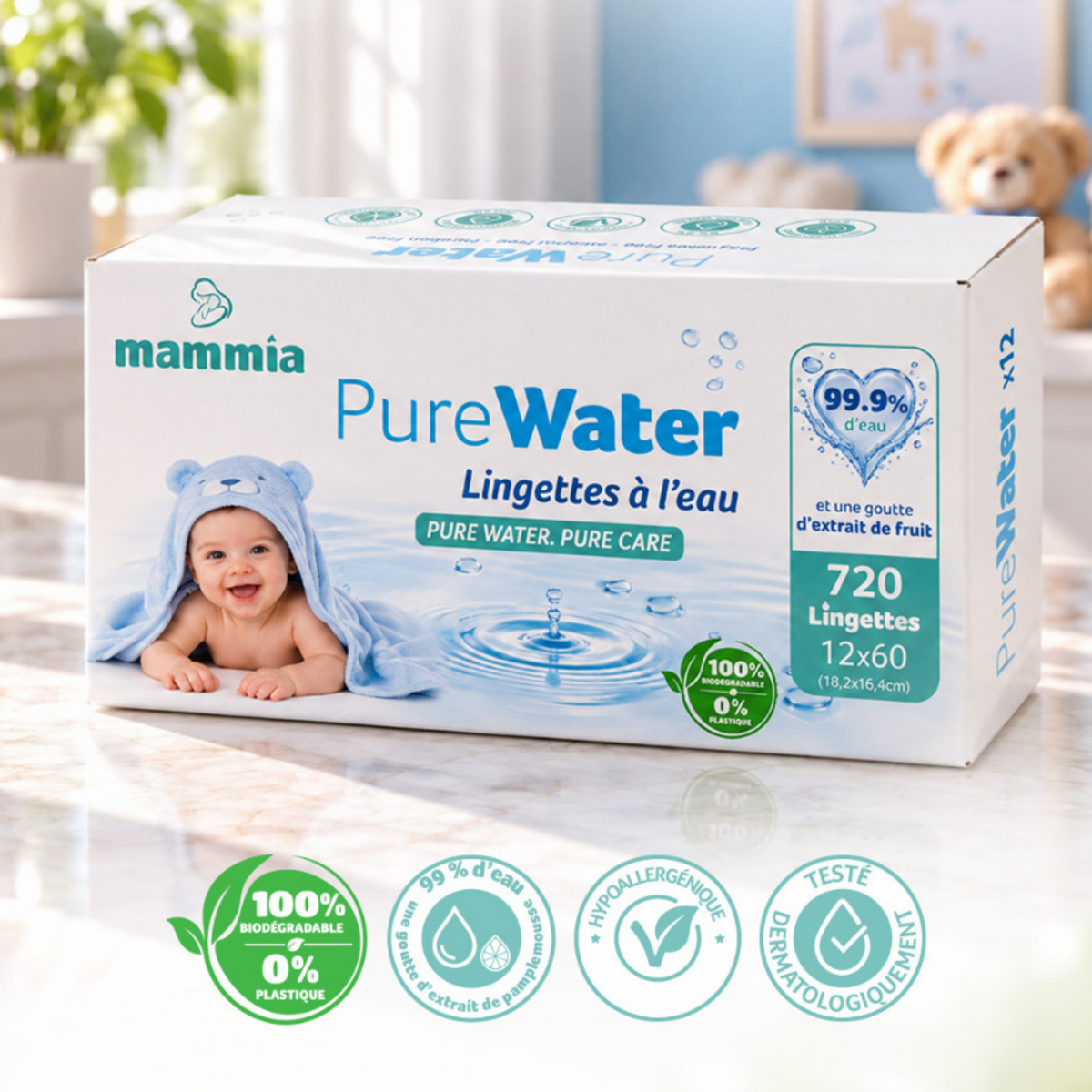 Mammia PureWater Lingettes à l'Eau Bébé Carton 12 x 60