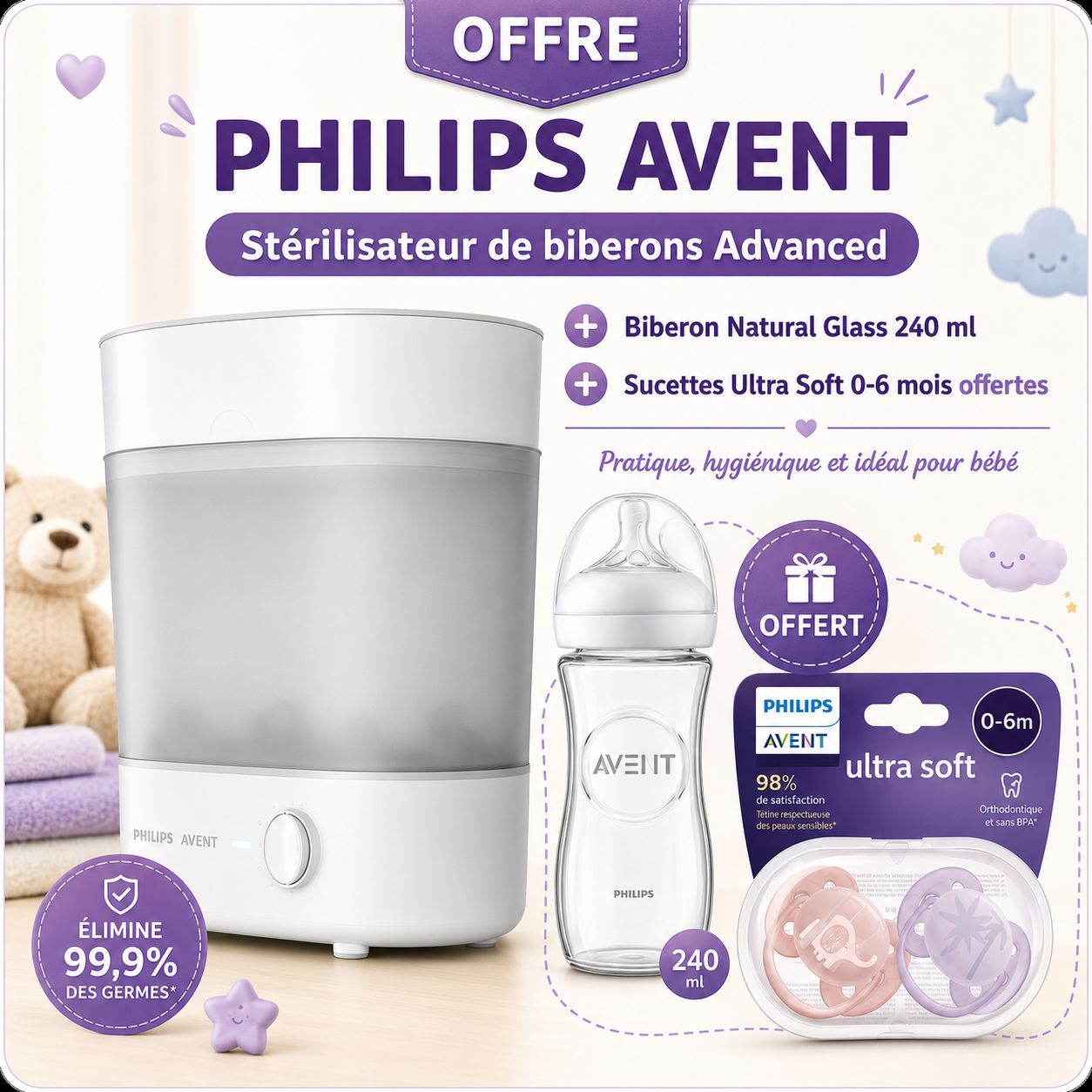 Stérilisateur électrique à vapeur 3 en 1 + BIBERON NATURAL GLASS 240 ML ET SUCETTES ULTRA SOFT 0-6 MOIS OFFERTES