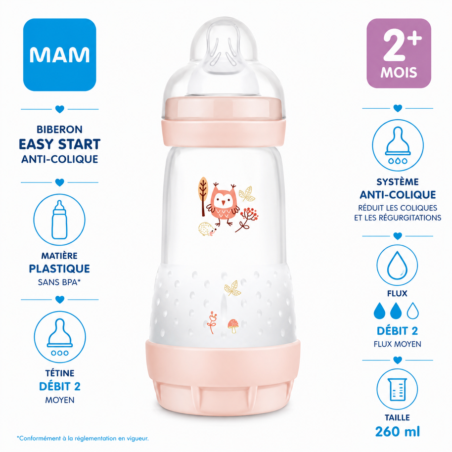 Biberon MAM Easy start anti-colique 260ml 2M+ - Corail