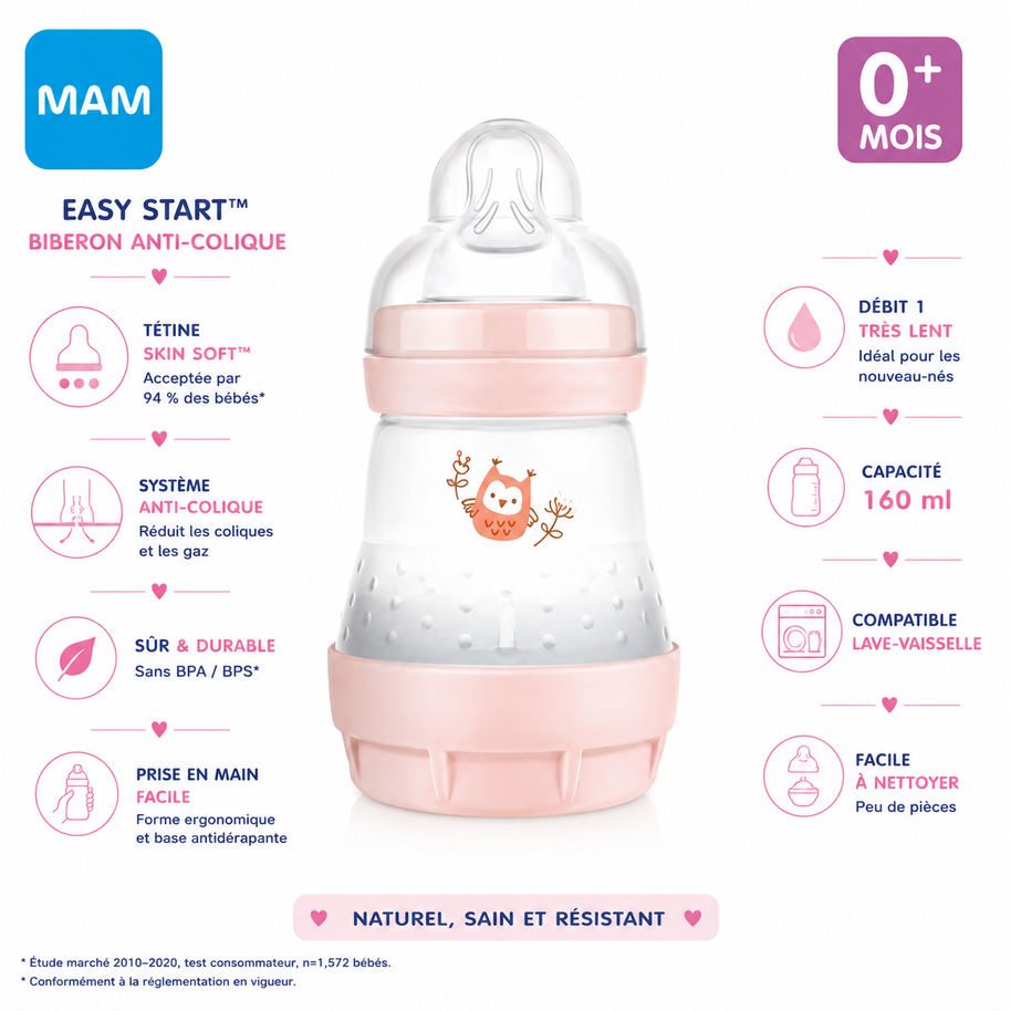 Biberon MAM easy start anti-colique 0m+ 160ml - Corail