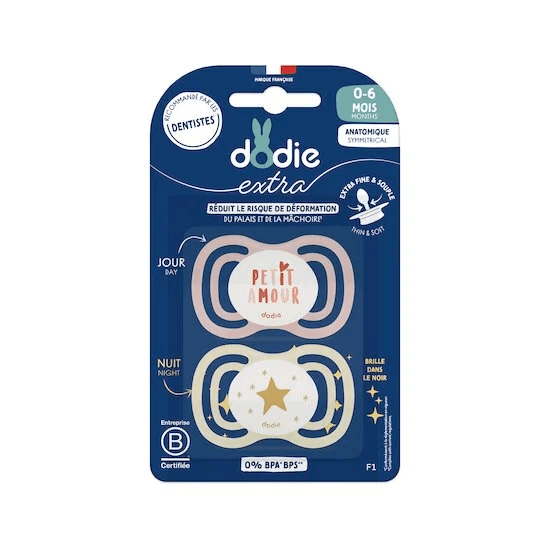 Lot de 2 Sucettes Dodie Anatomiques 0-6 mois Glow in the dark - Rose - Dodie - Sucettes pour bébé Maroc -www.babyboss.ma