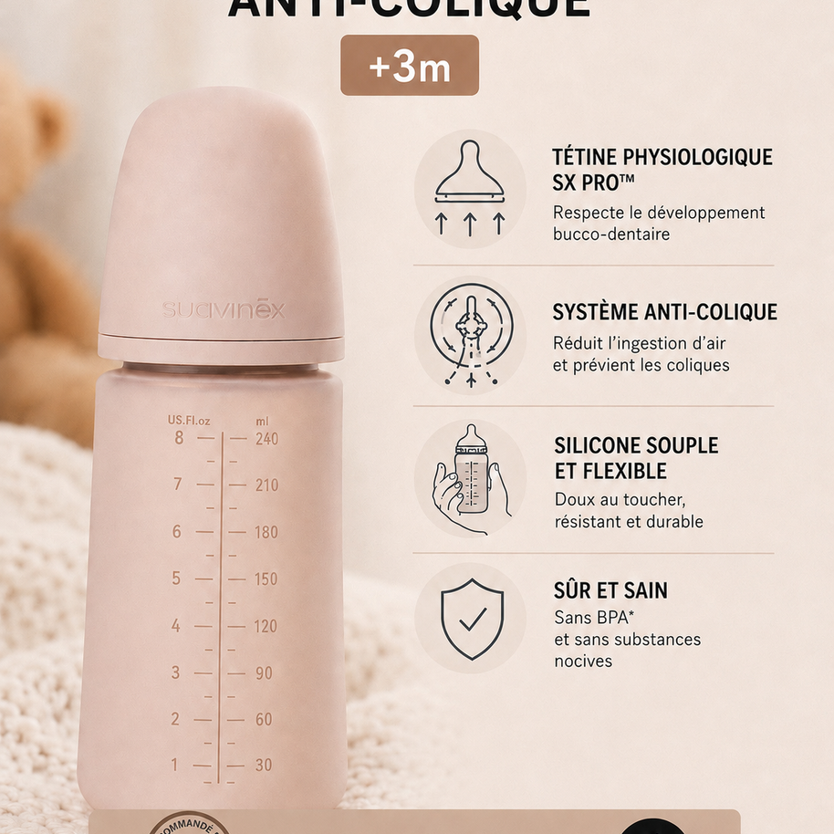 Biberon Suavinex Selection en silicone anti-colique – 240 ml