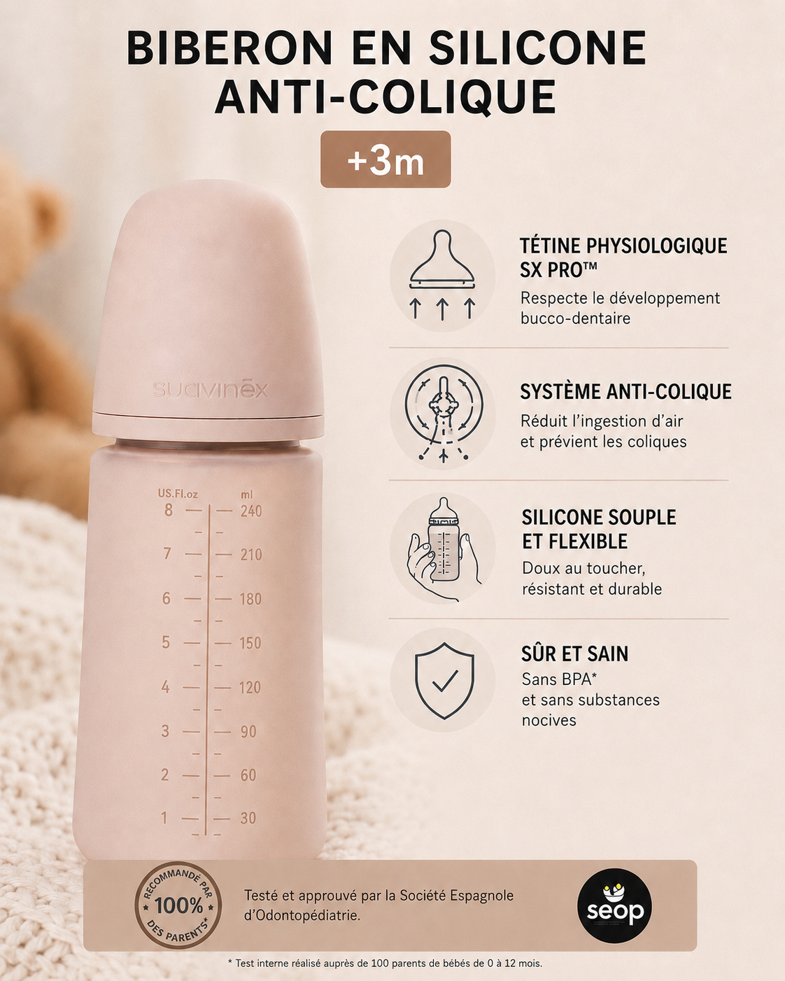 Biberon Suavinex Selection en silicone anti-colique – 240 ml