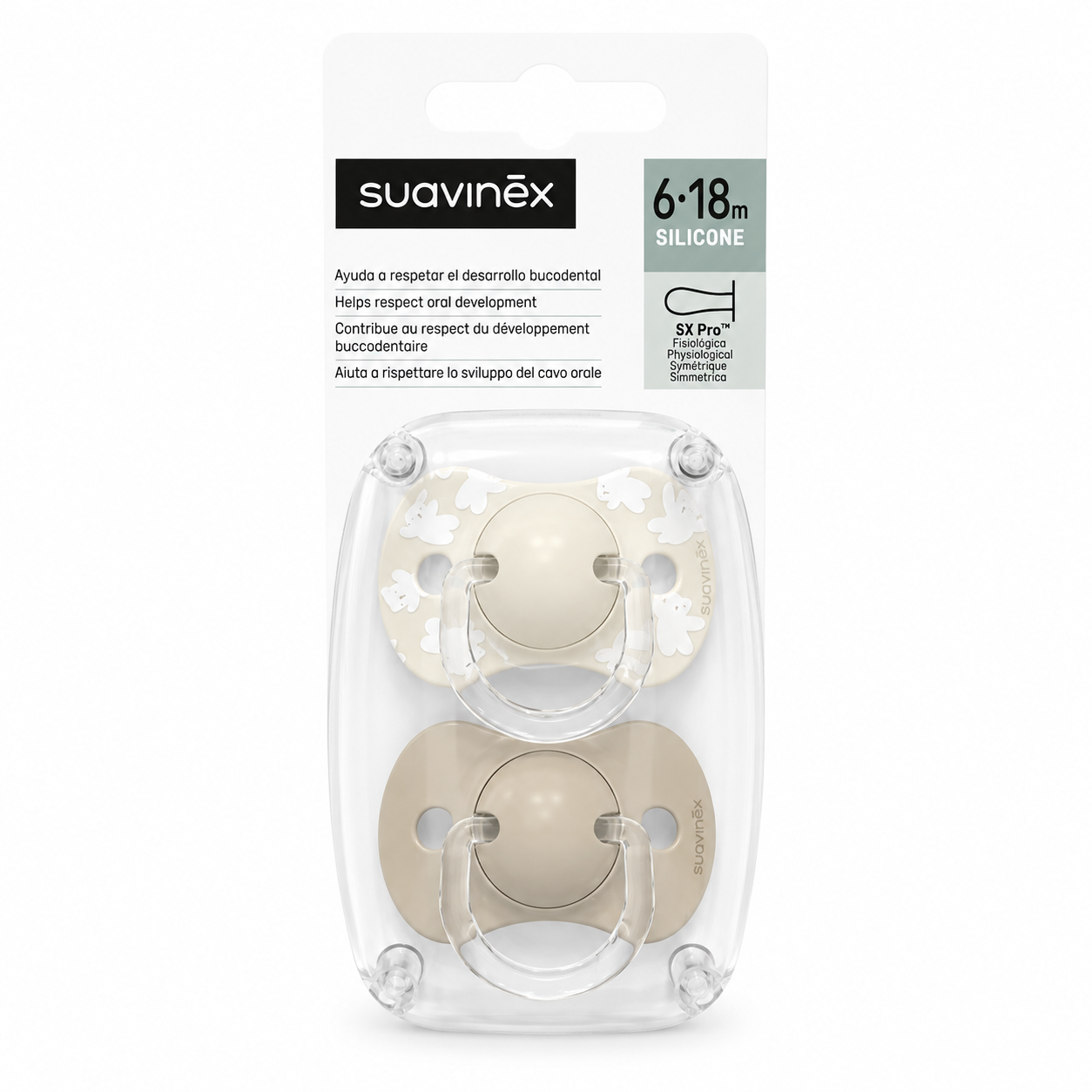 Lot de 2 Sucettes Suavinex Symétriques Silicone SX PRO™ Crème- 6-18M