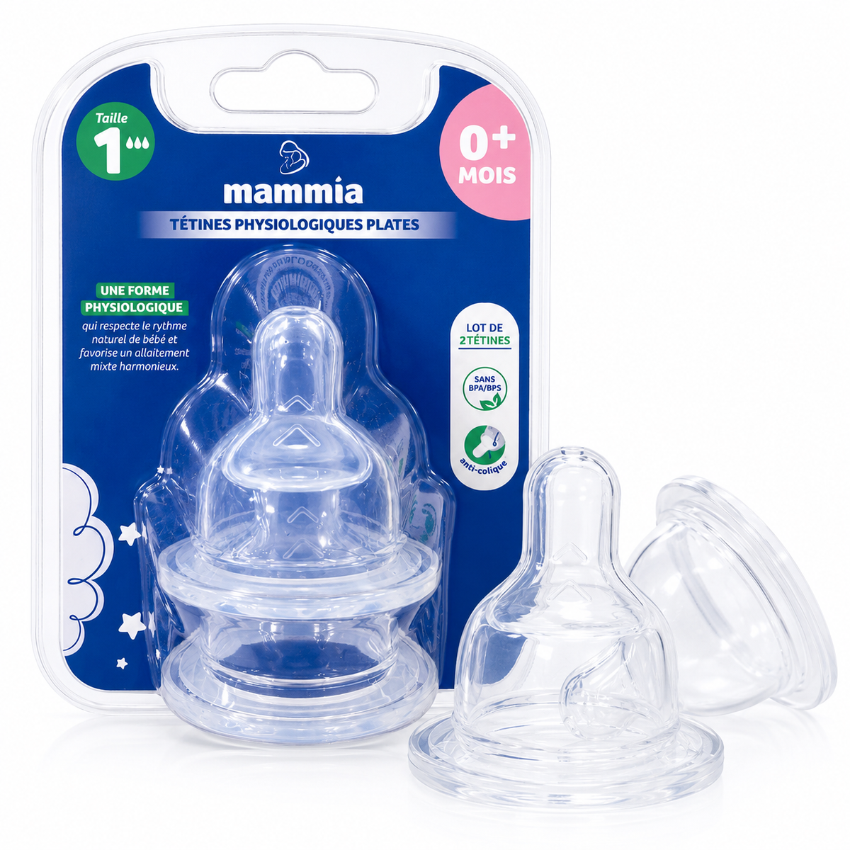 Mammia - Pack de 2 tétines physiologiques 0m+