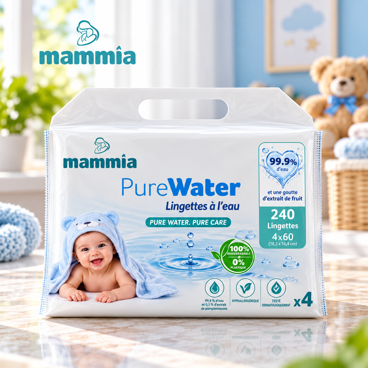 Mammia PureWater Lingettes à l'Eau Bébé Pack 4 x 60