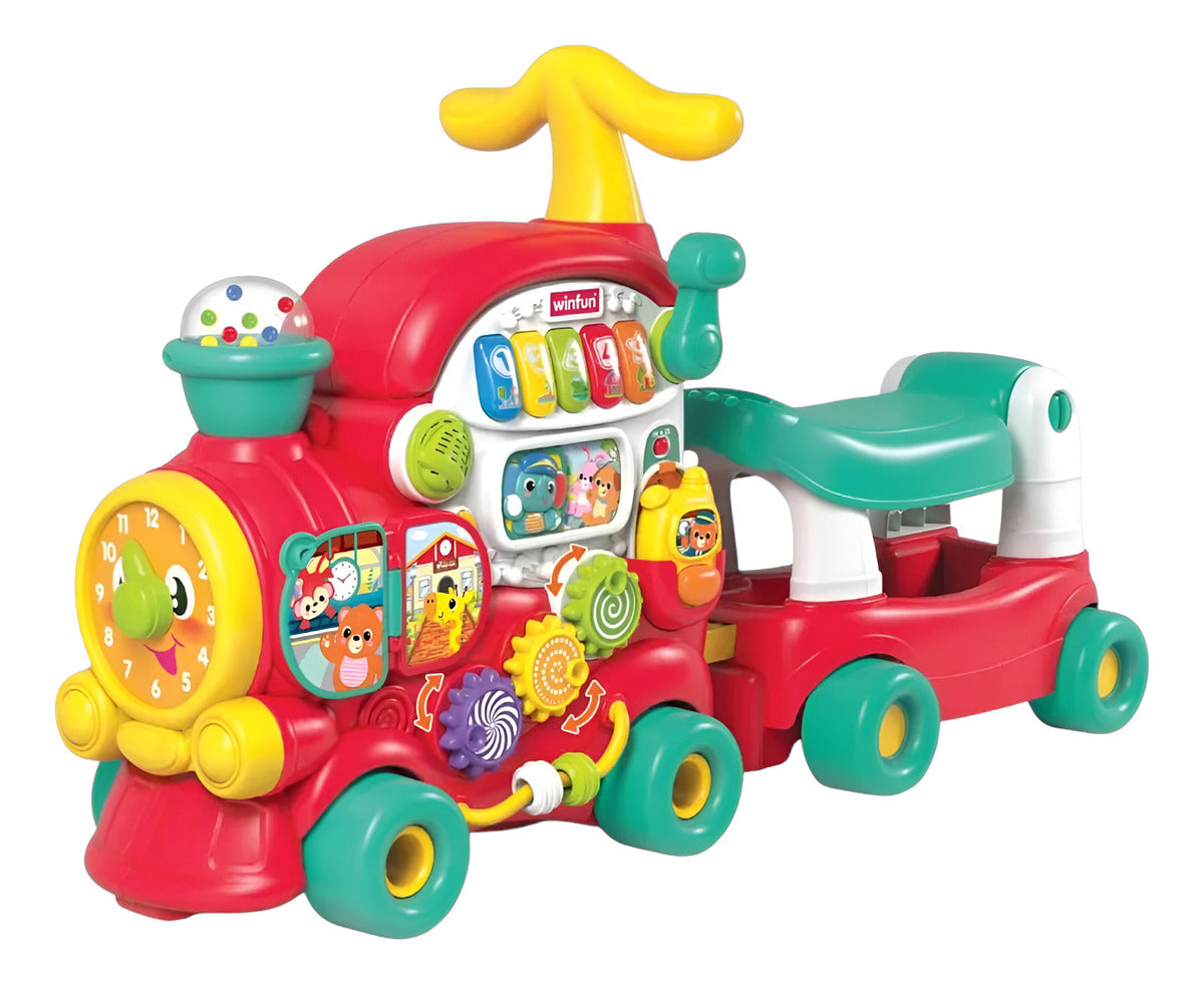 Train Winfun rouge avec remorque verte, poignée jaune, touches lumineuses et horloge