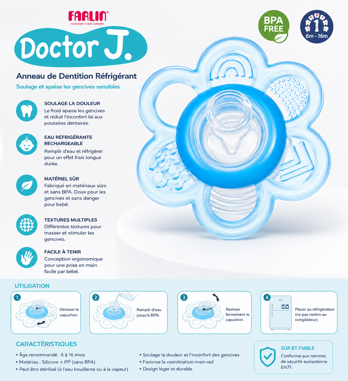 حلقة التسنين المبردة والقابلة لإعادة التعبئة Farlin Doctor J. – من 6 إلى 16 شهرًا