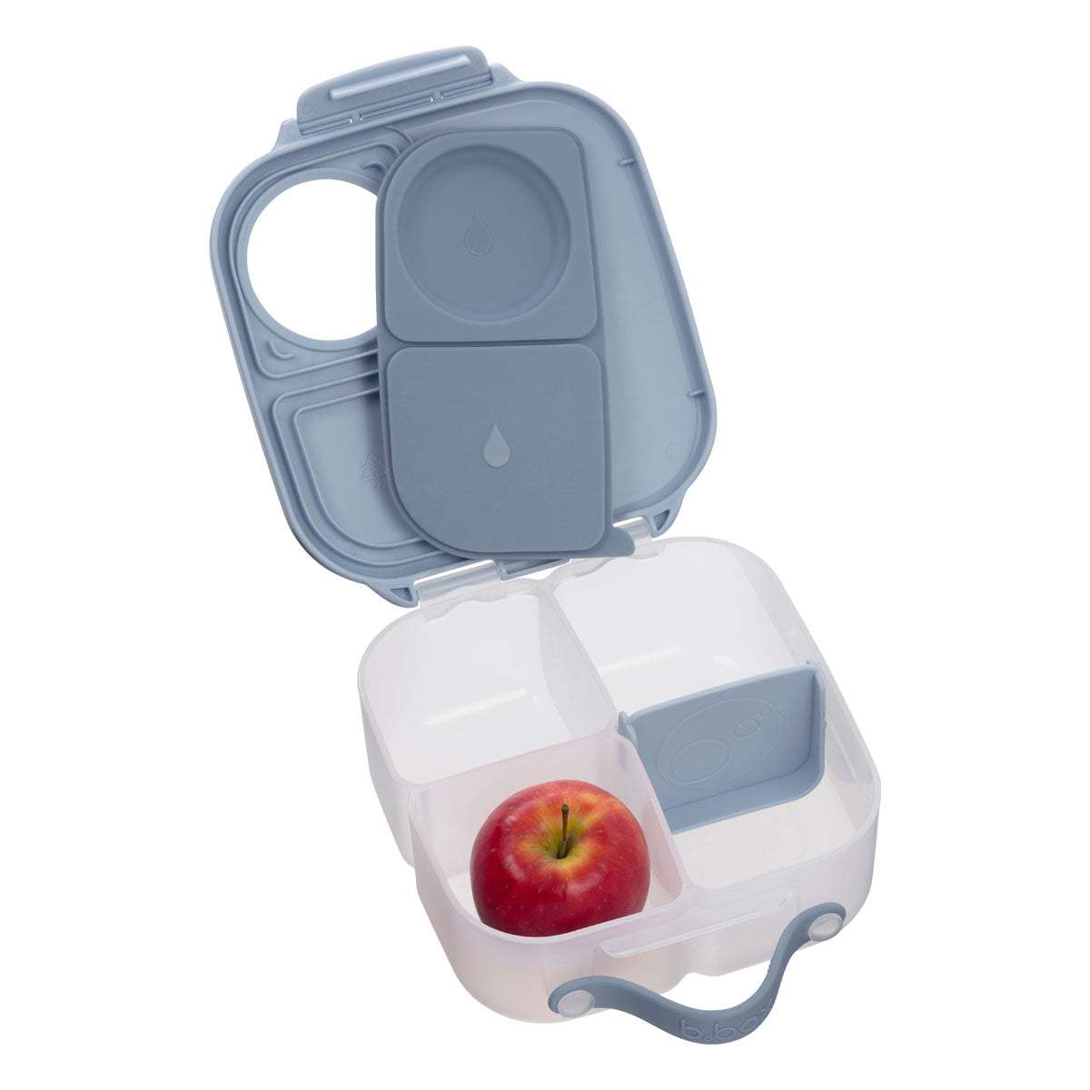 Mini lunchbox b.box 1 L Chill Out ouverte, avec une pomme dans le grand compartiment et le séparateur coulissant