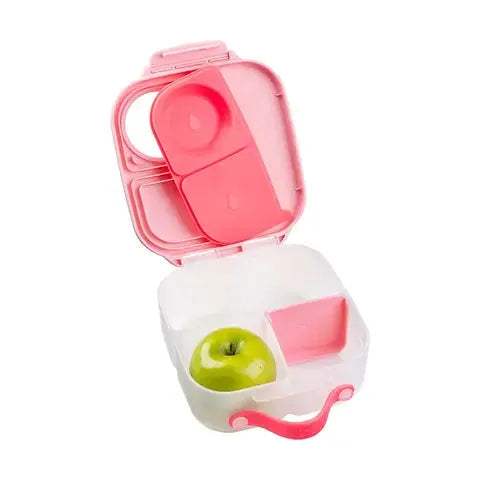 Mini lunchbox b.box Flamingo Fizz ouverte avec une pomme dans le support à fruit entier