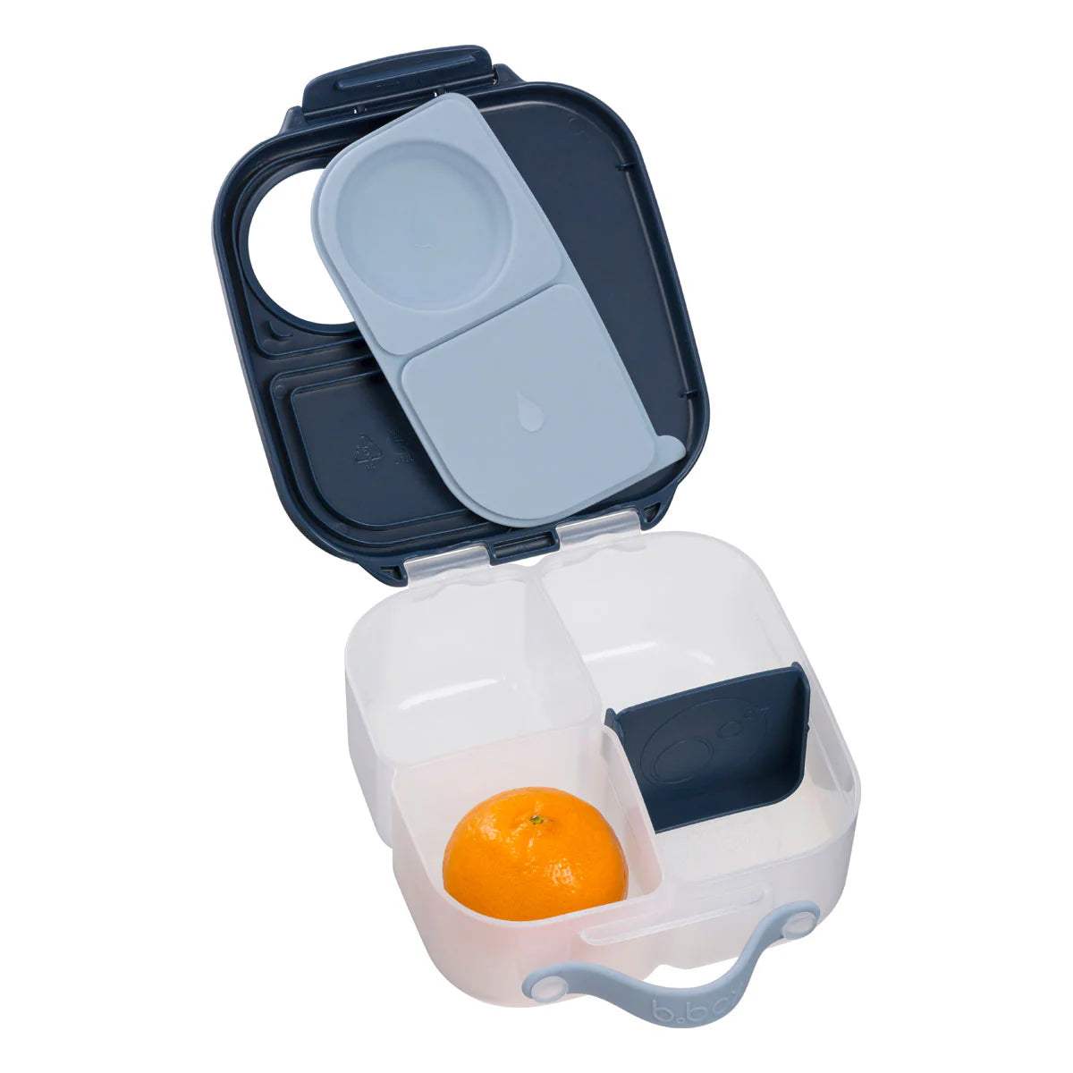 Mini lunchbox Midnight ouverte avec une orange dans le support à fruit entier