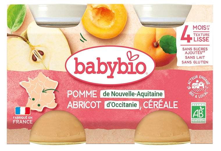 Babybio Petit Pot Pomme D'Aquitaine Abricot d'Occitanie Céréale 2x130g – BabyBoss.ma