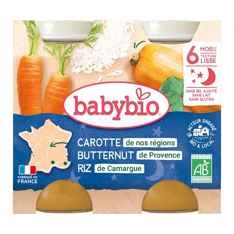 Babybio Bonne Nuit Carotte, Butternut et Riz bio, 2 pots de 200 g, 6 mois et plus – Babyboss.ma