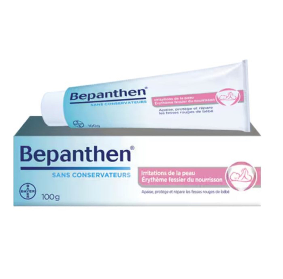 Boîte et tube de Bepanthen Pommade 100 g du laboratoire Bayer, vue de face