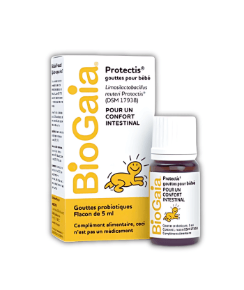 Boîte et flacon de BioGaia Protectis Gouttes pour bébé sur fond blanc, face avant