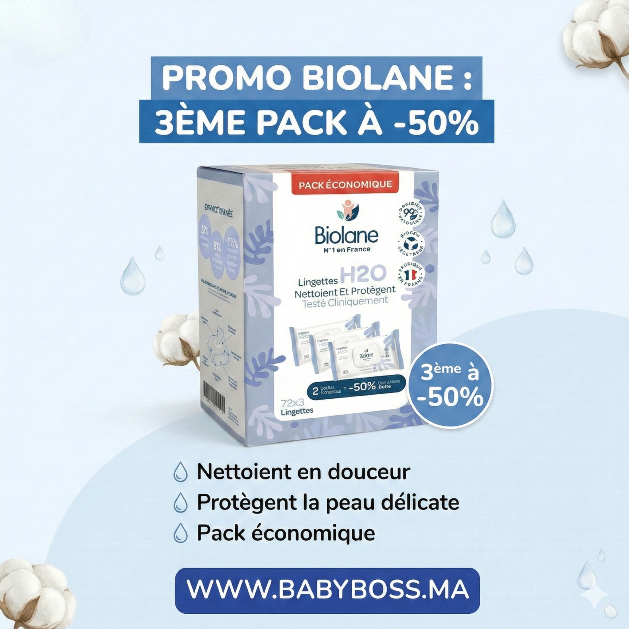Biolane - Pack Lingettes H2O (Promo : 3ème à -50%) - Biolane - Lingettes - Babyboss.ma