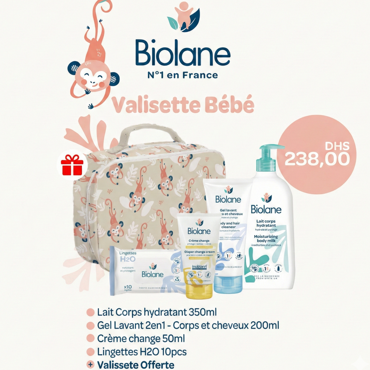 Biolane Valisette bebe (Gel lavant, lait corps, crème change + lingettes)