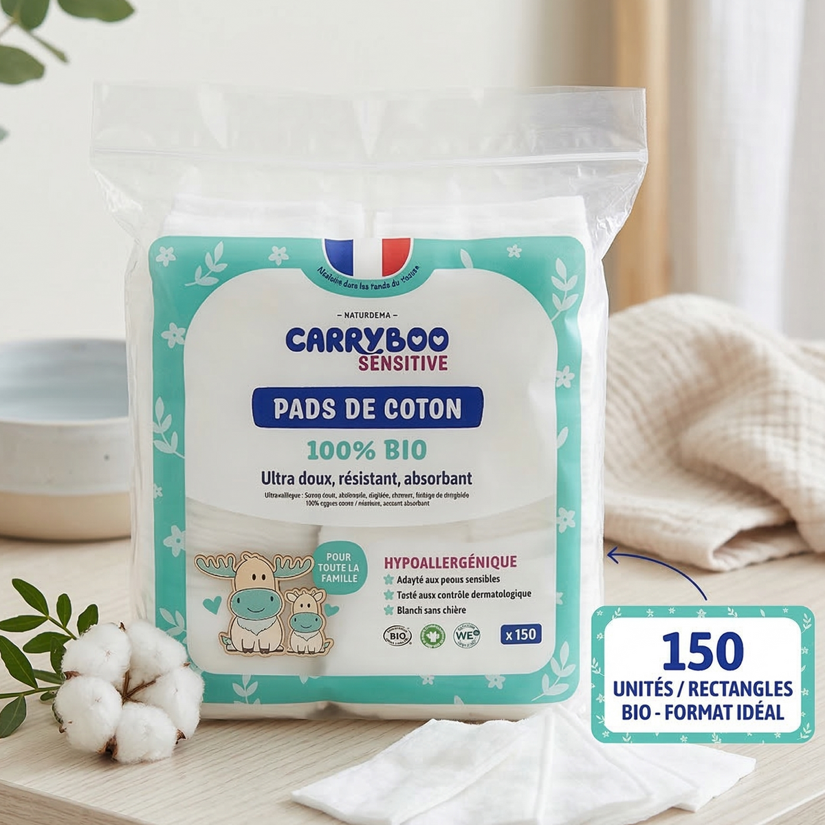 Carryboo Sensitive coton pads rectangles 100 % bio, paquet de 150 unités – Babyboss.ma