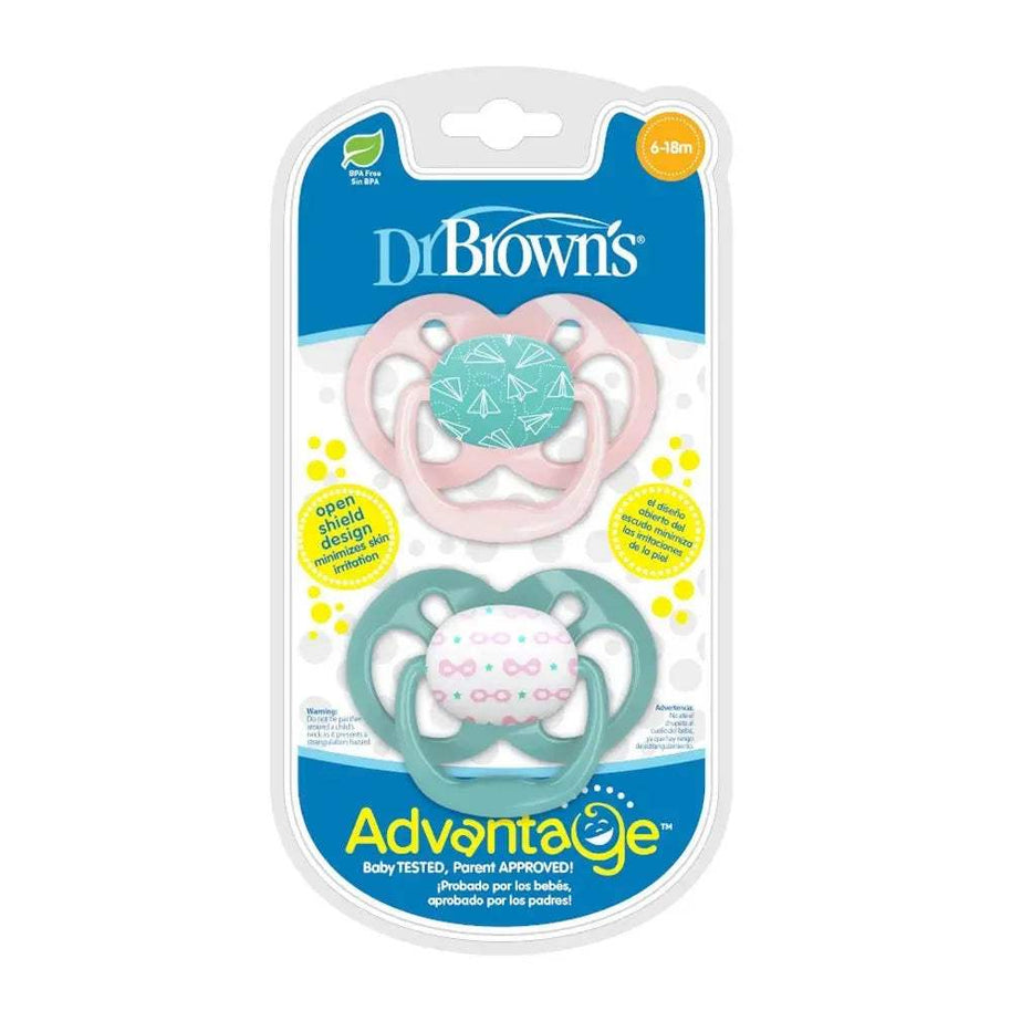 Dr. Brown's Lot de 2 Sucettes Advantage 6-18M - Rose & Vert - Dr. Brown's - Sucettes pour bébé Maroc -www.babyboss.ma