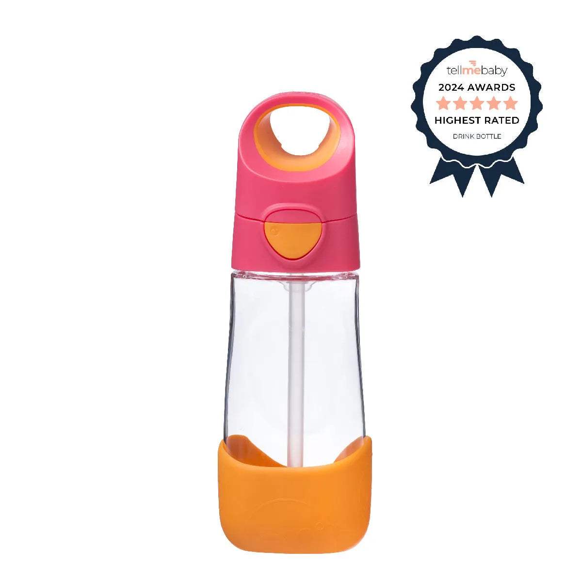 b.box Gourde à paille Tritan 450 ml Strawberry Shake, couvercle rose framboise et base orange – Babyboss.ma