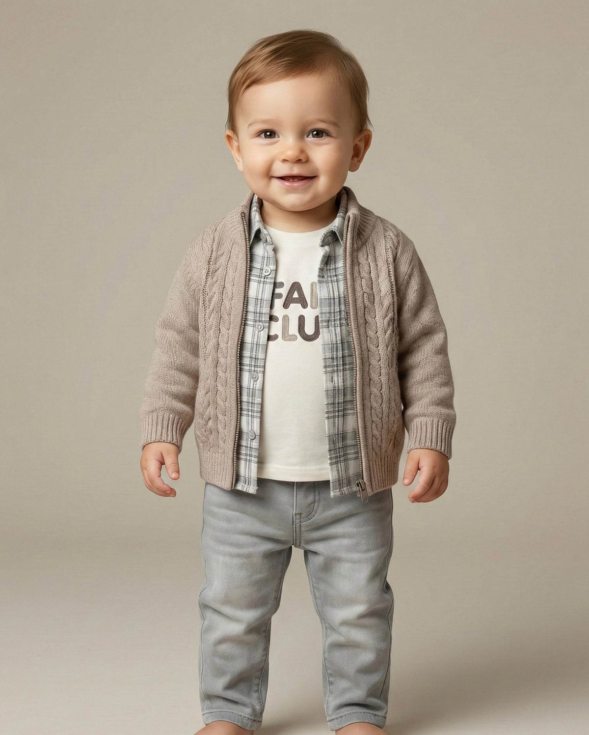 Ensemble garçon 4 pièces porté par un bébé : gilet zippé beige, chemise à carreaux, t-shirt et jean gris – Babyboss.ma