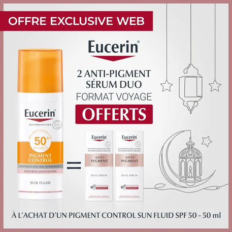 EUCERIN SUN PROTECTION PIGMENT CONTROL Fluid Protection Spf 50+ 50 Ml = 2 ANTI-PIGMENT SÉRUM DUO FORMAT VOYAGE OFFERTS - Eucerin - pour bébé Maroc -www.babyboss.ma