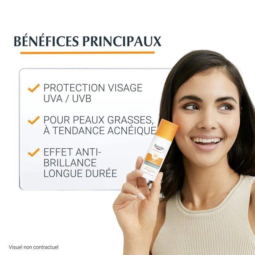 Bénéfices principaux Eucerin Oil Control : protection visage UVA/UVB, peaux grasses, effet anti-brillance