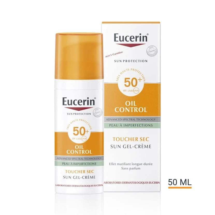 Flacon et boîte Eucerin Sun Oil Control SPF 50+ avec la mention 50 ml