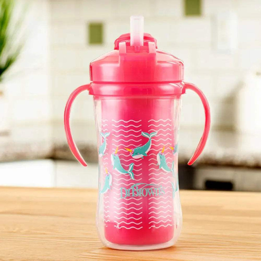 Gobelet Isotherme à Paille 300ml avec Poignées 12M+ - Rose - Dr. Brown's - Tasses à paille pour bébé Maroc -www.babyboss.ma