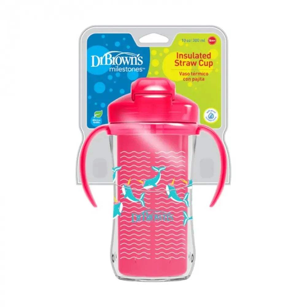 Gobelet Isotherme à Paille 300ml avec Poignées 12M+ - Rose - Dr. Brown's - Tasses à paille pour bébé Maroc -www.babyboss.ma