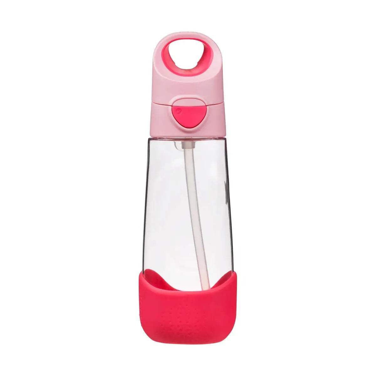 b.box Gourde à paille Tritan 600 ml Flamingo Fizz, corps transparent, couvercle rose pâle et base framboise – Babyboss.ma