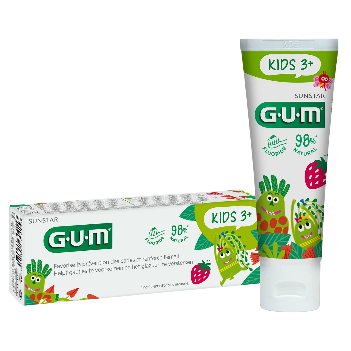 GUM Dentifrice Kids 3ans+ 50ml Gel Fraise 500ppm Fluor Isomalt 98% Naturel Protection Caries Émail Dents Lait Reminéralisation