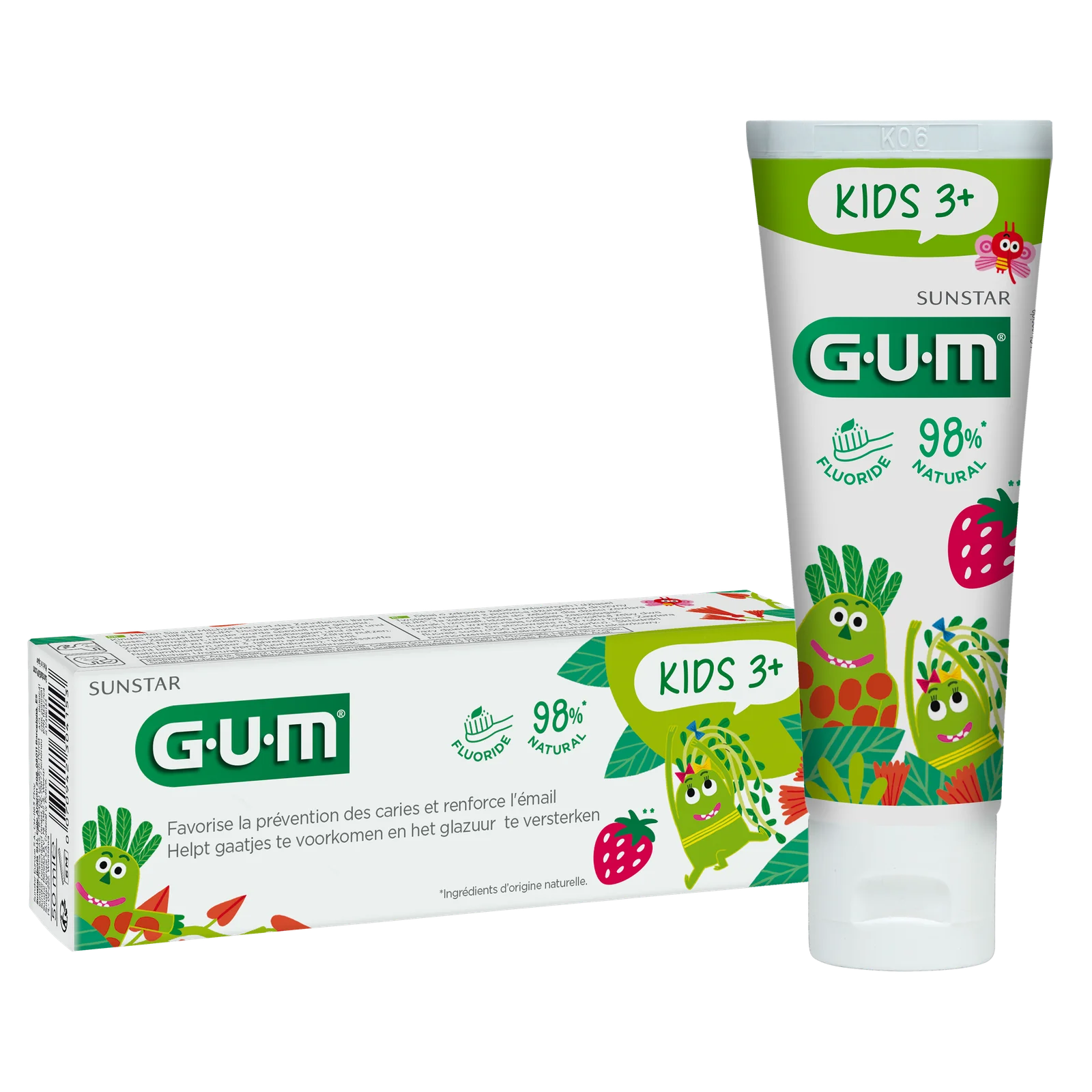 GUM Dentifrice Kids 3ans+ 50ml Gel Fraise 500ppm Fluor Isomalt 98% Naturel Protection Caries Émail Dents Lait Reminéralisation