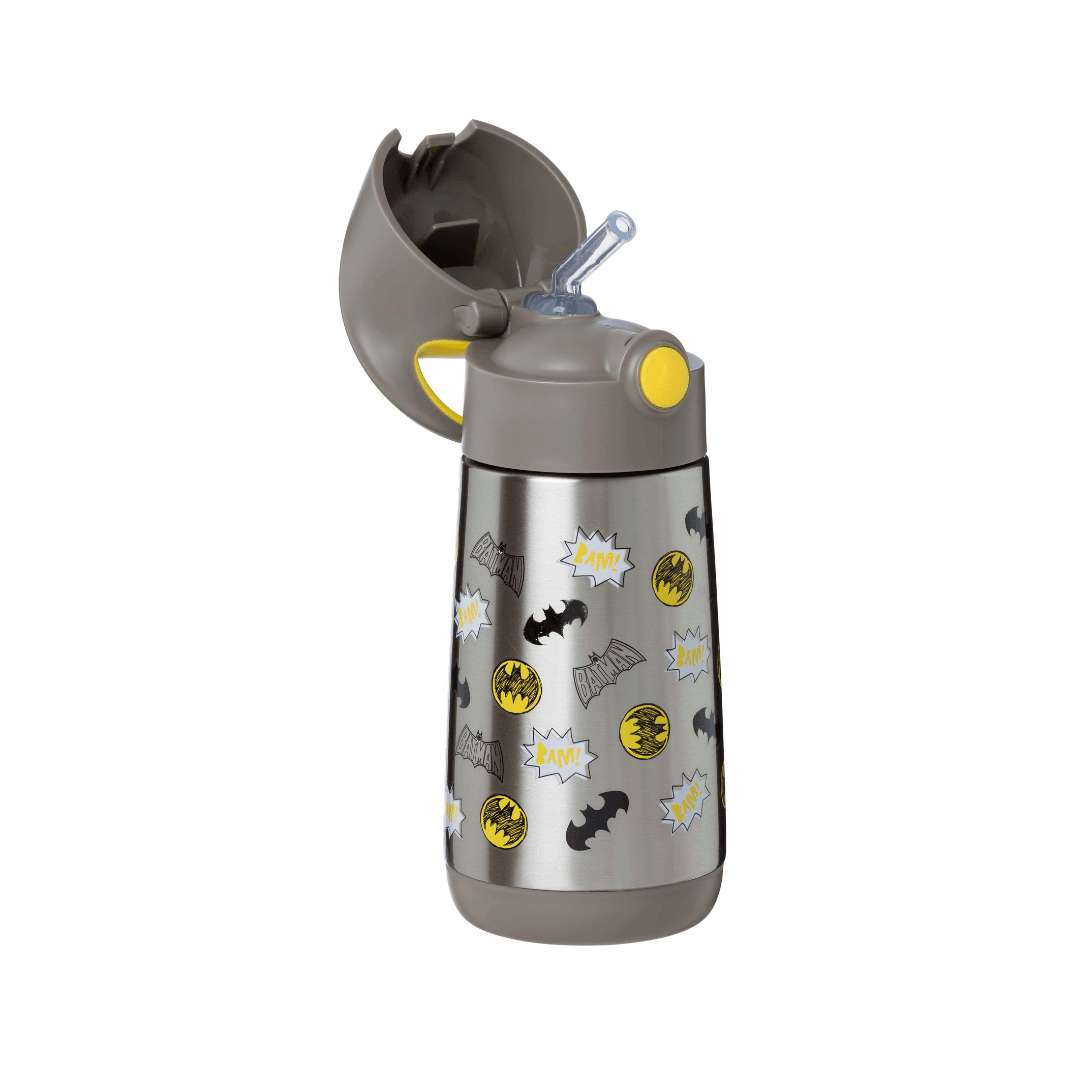 b.box gourde isotherme Batman 350 ml en inox, couvercle ouvert avec paille en silicone – Babyboss.ma