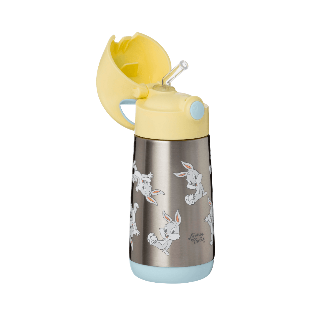 b.box Gourde isotherme à paille 350 ml Looney Tunes, inox décoré de Bugs Bunny, couvercle jaune ouvert – Babyboss.ma