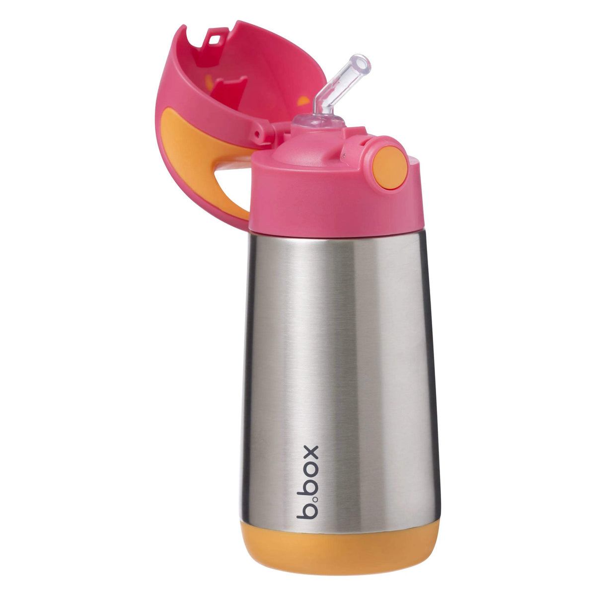 b.box gourde isotherme à paille Strawberry Shake 350 ml, couvercle rose ouvert avec paille – Babyboss.ma