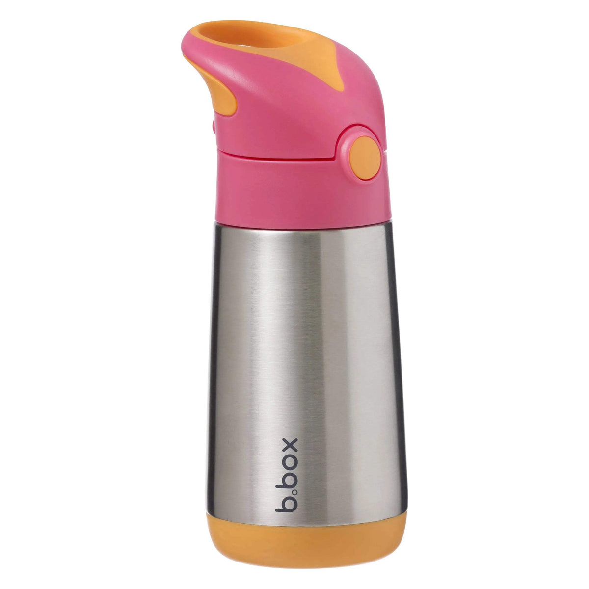 Gourde isotherme b.box Strawberry Shake 350 ml vue de côté, couvercle rose et base orange