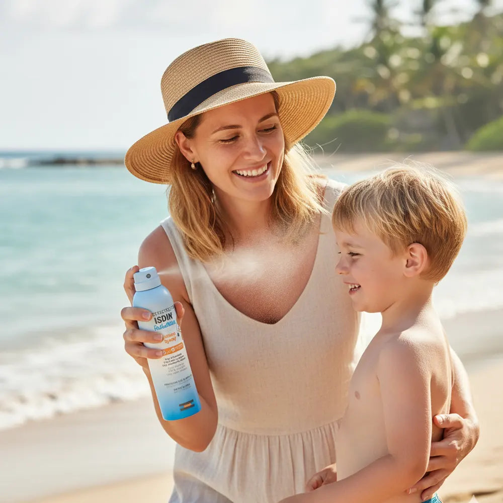 Une maman applique le spray solaire ISDIN Pediatrics sur l'épaule d'un enfant sur la plage