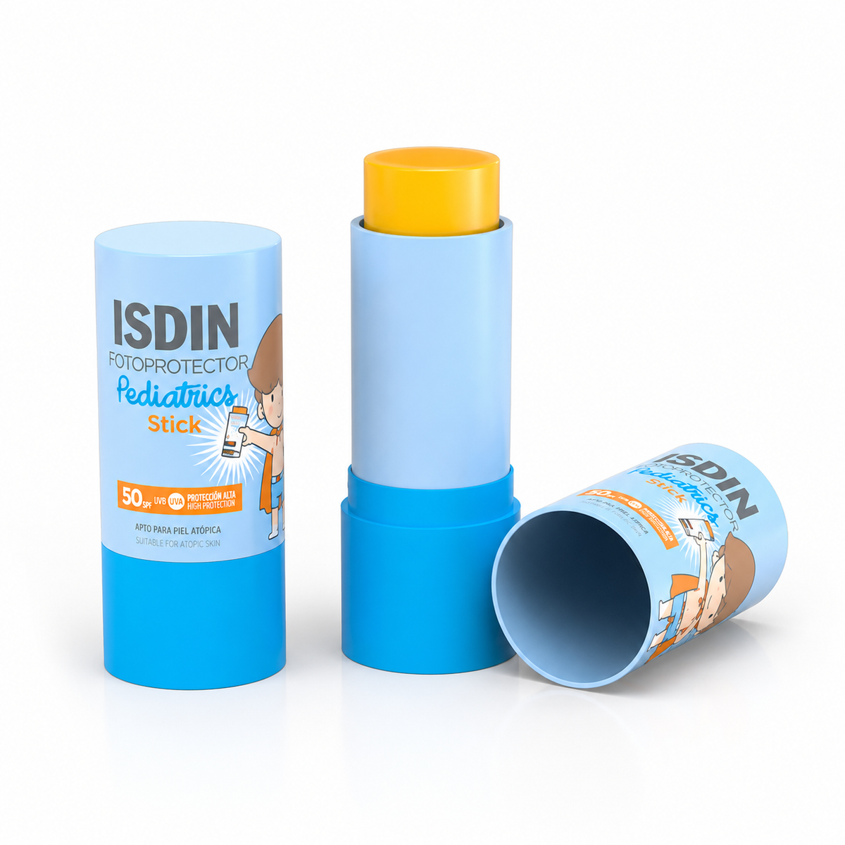 Stick ISDIN Pediatrics ouvert avec sa partie jaune visible et le capuchon, mention apte pour peau atopique