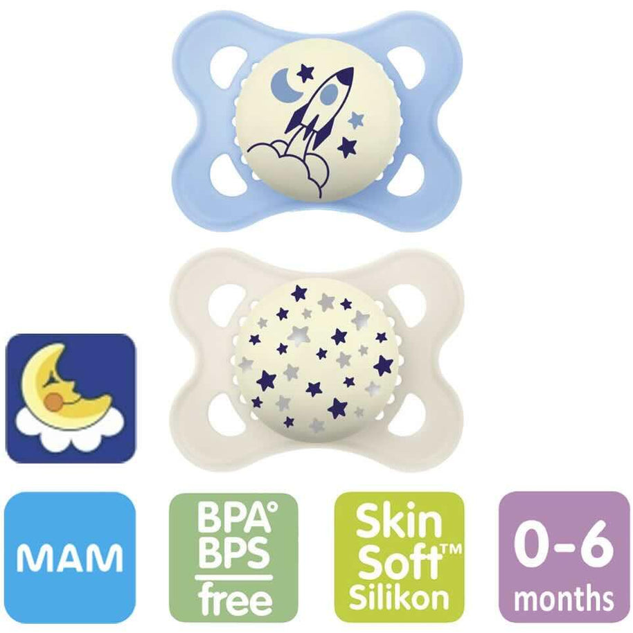 MAM Night Soothers 0-6+ Months Pack of 2, Glow in the Dark Baby Soothers with Self