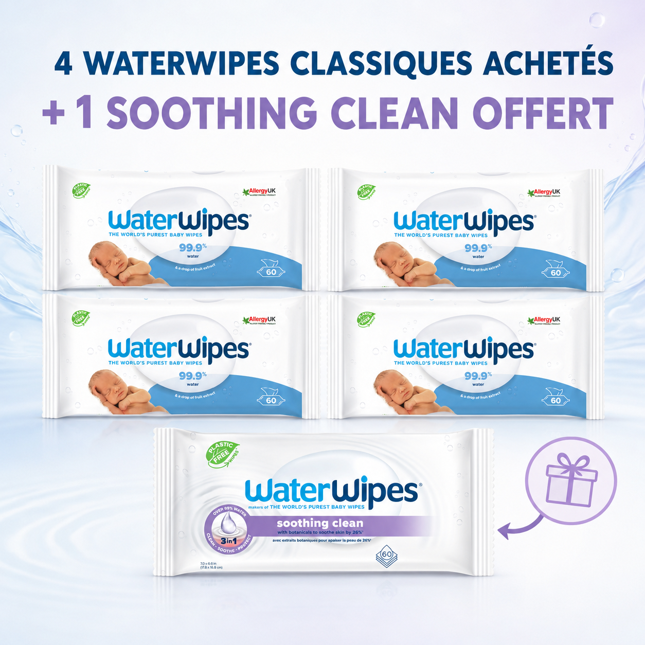 Lingettes Bébé WaterWipes 4+ 1 Offert ( Soothing Clean Wipes )