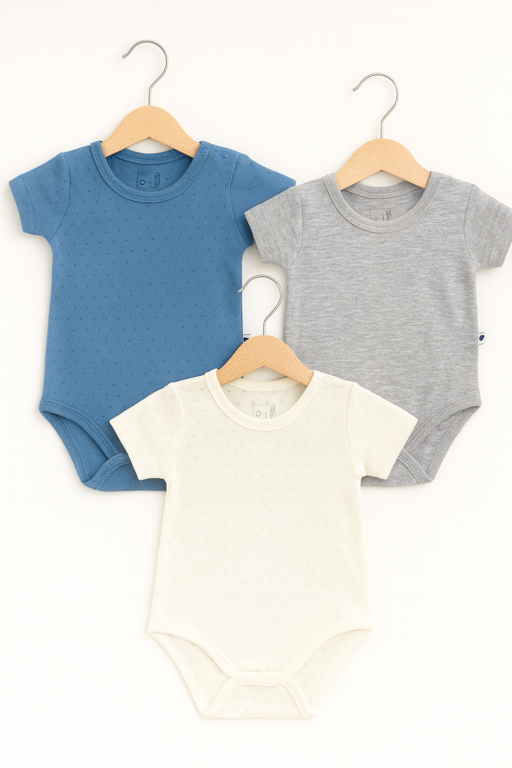 Lot de 3 bodies Caramell à manches courtes, un bleu, un gris chiné et un écru, sur cintres – Babyboss.ma