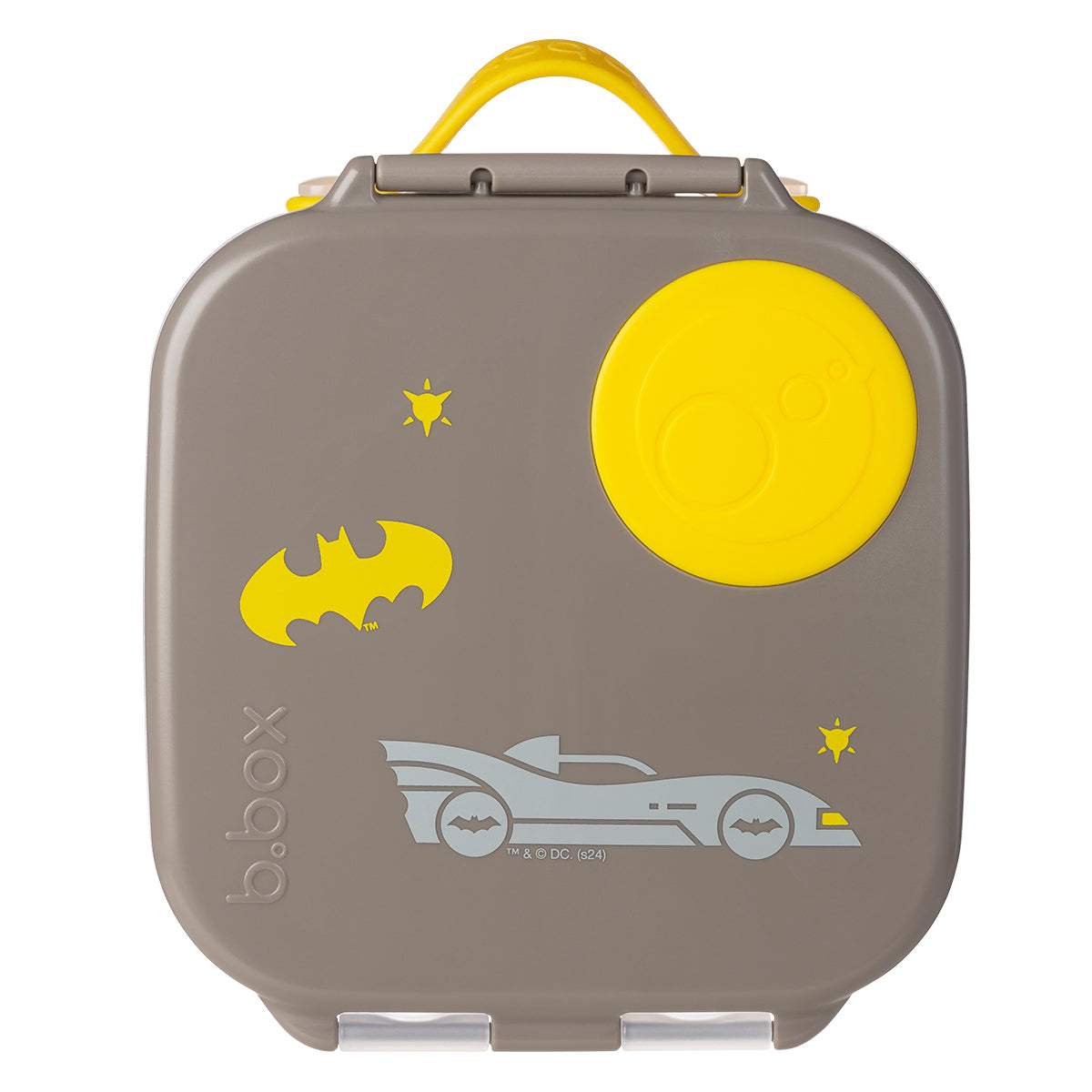b.box mini lunchbox Batman 1 L grise et jaune, face avant avec logo et Batmobile – Babyboss.ma