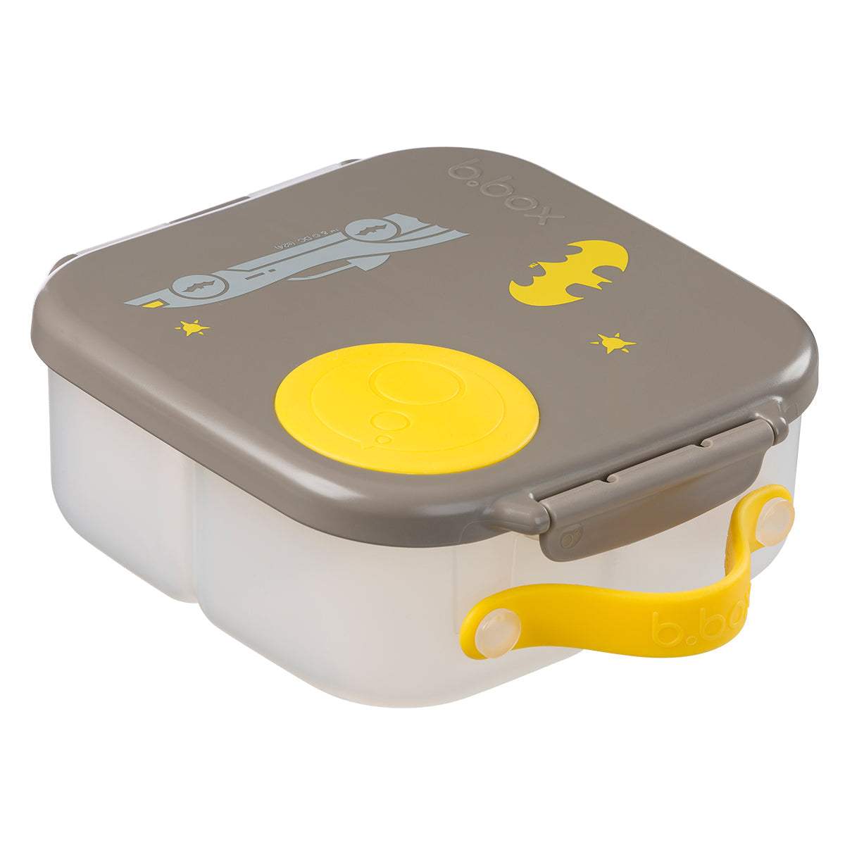 Mini lunchbox b.box Batman 1 L fermée, vue de trois quarts avec sa poignée jaune