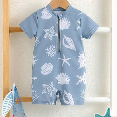 Maillot de bain bébé manches courtes – Coquillages bleus